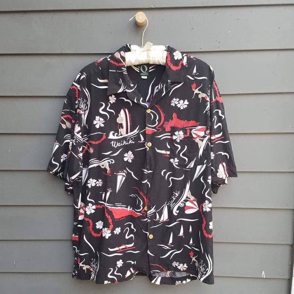 Vintage Oue Surf Shirt - Wai Kiki - Red and Black - Size Large - EUf